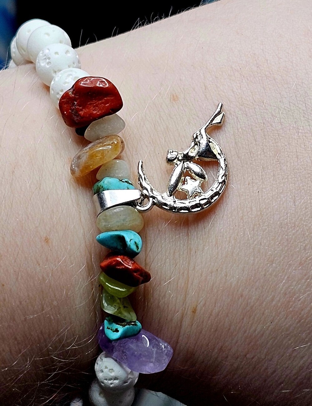Silver Fairie Moon Charm Multicolor Gemstone Stretch Bracelet
